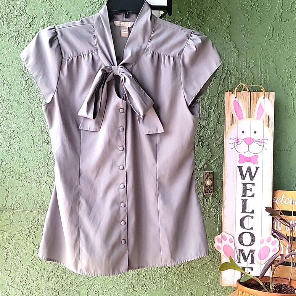 Banana Republic Light Gray Bow-Tie Neck Cap Sleeve Blouse